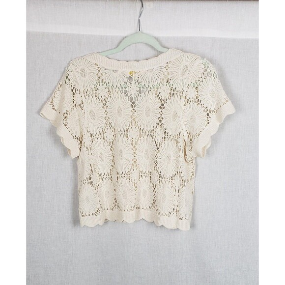 Rebellion Sweater M Cropped Open Knit Crochet Button Up Boho Floral Top Casual - Picture 2 of 9